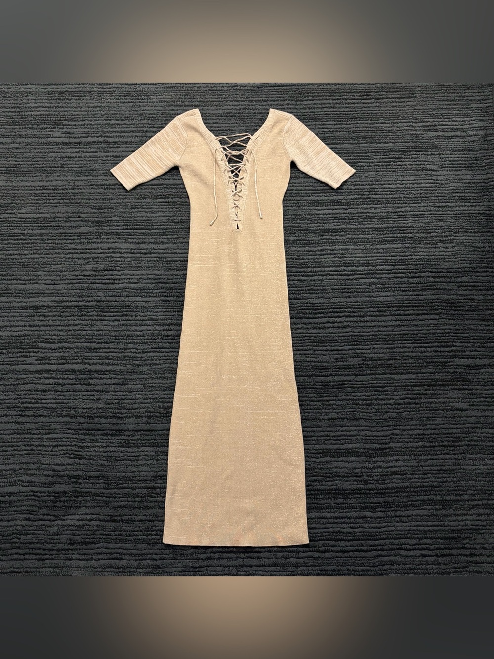 Le Superbe Coming and Going Bodycon Rib Knit Heathered Lace Up V Neck Midi Dress